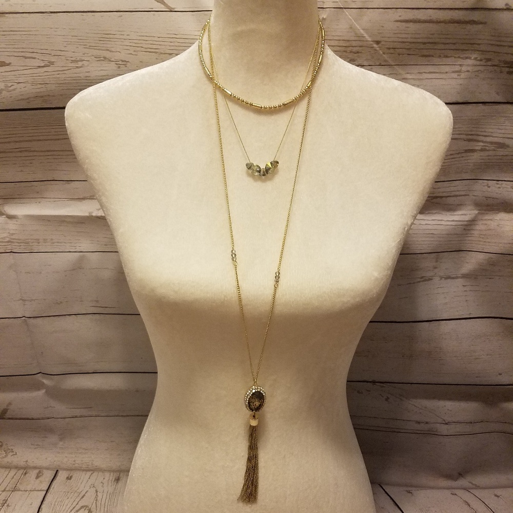 WHBM Convertible Gold Multi Strand Necklace Tassel